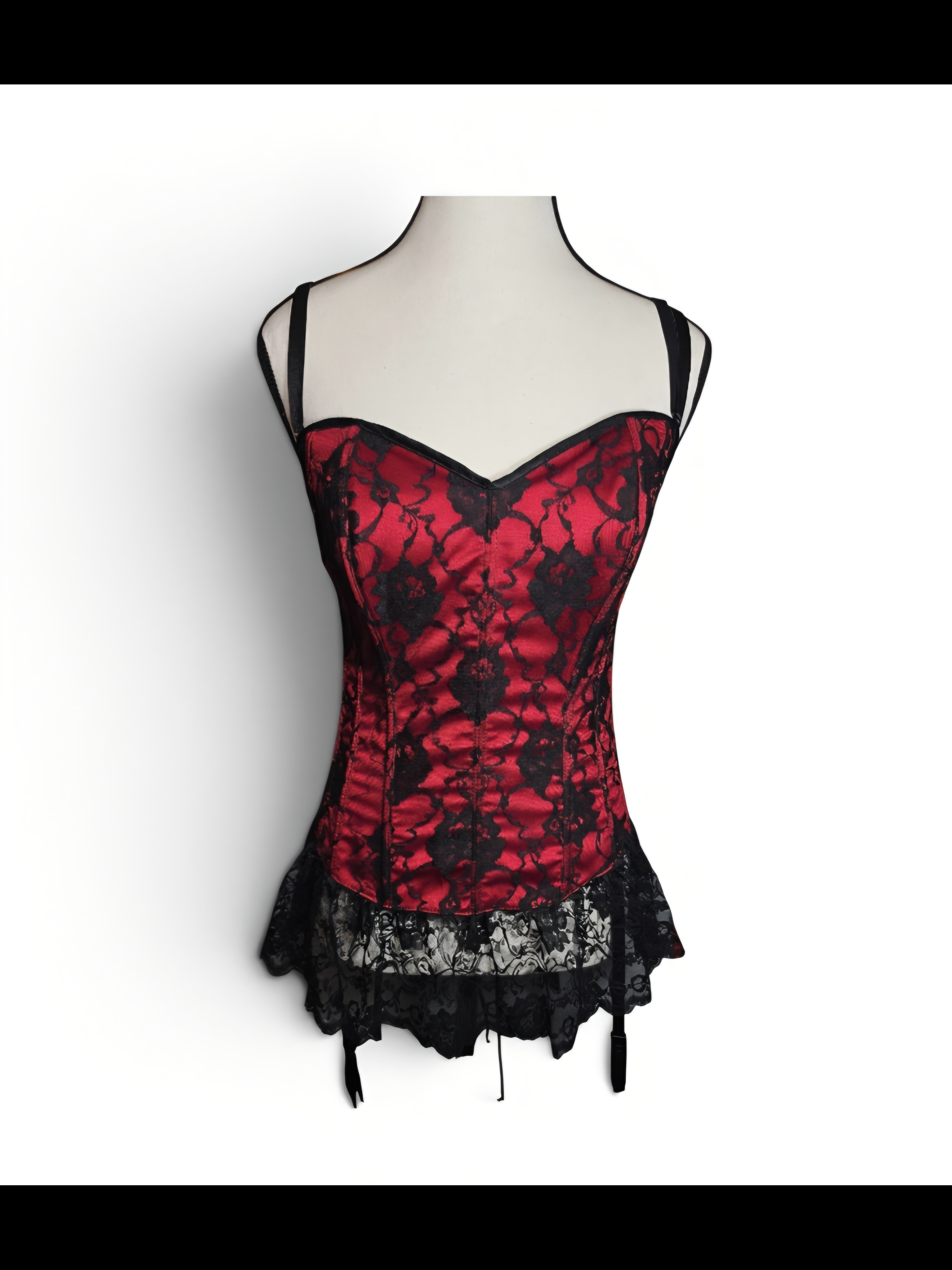 Red Satin Lace Corset Bustier With Black Lace Trim - Women Intimates